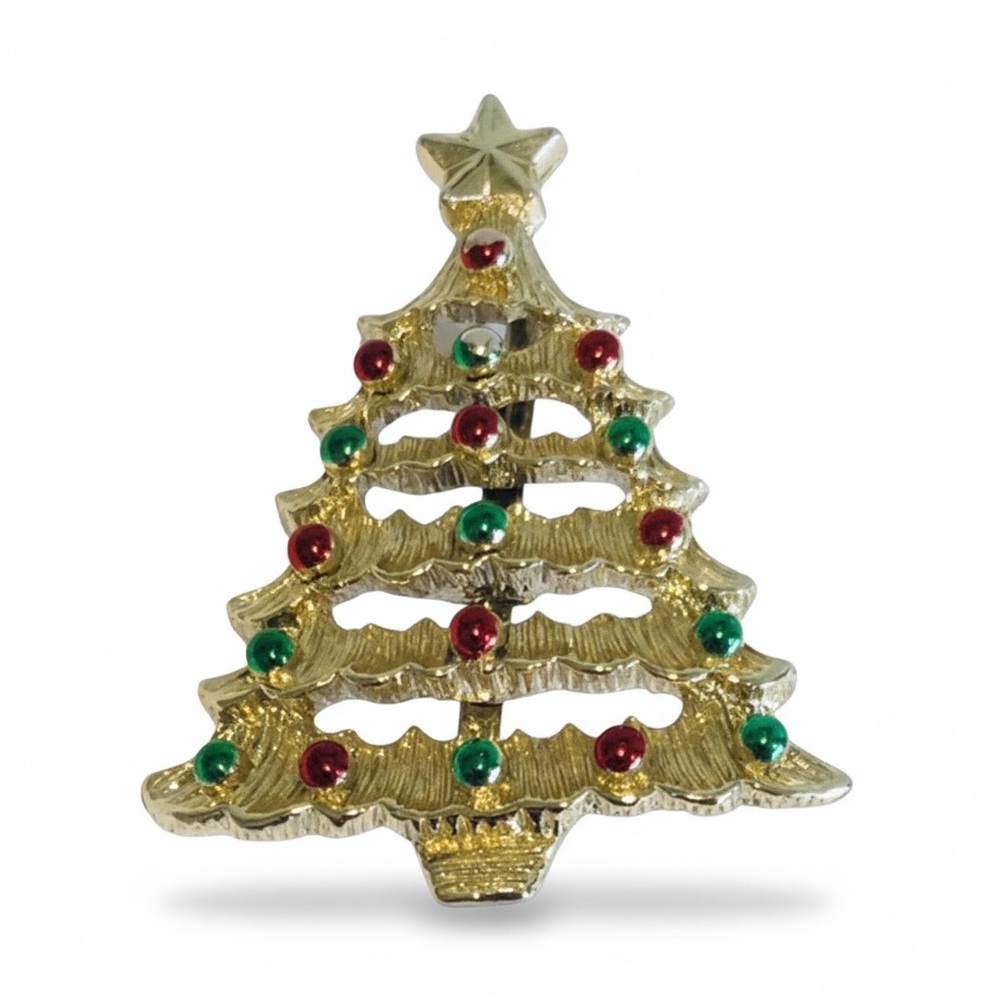 Avon 1992 or 1993 Vintage Christmas Tree Brooch Pin with Star Red Green Bulbs